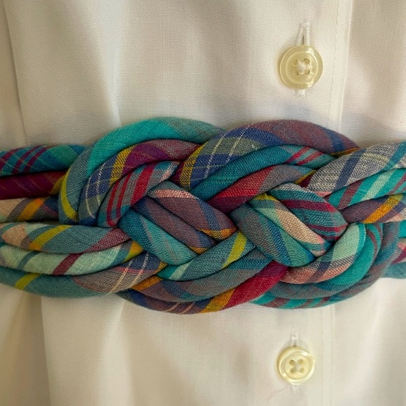 Vintage 80s Braided Madras Plaid Cinch Waist Belt Brass Buckle Adjustable Length - Picture 2 of 9